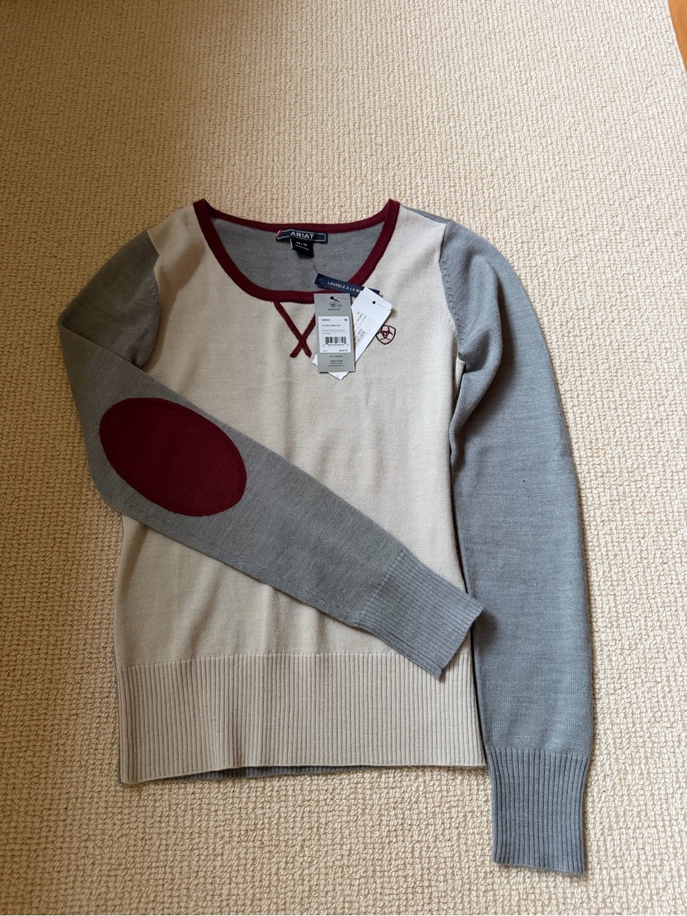 Ariat Cream Sweater with Gray Sleeves and Burgundy Trim